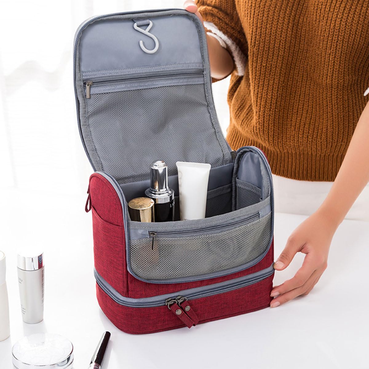 FAVORTALK Hanging Toiletry Bag Red Travel Bag for Toiletries Large Wine Wash Bag Waterproof Cosmetic Organizer for Men Women Zippered Shower Bathroom Bags 9.8x3.9x6.7 Inch - XSB12106 — view 6