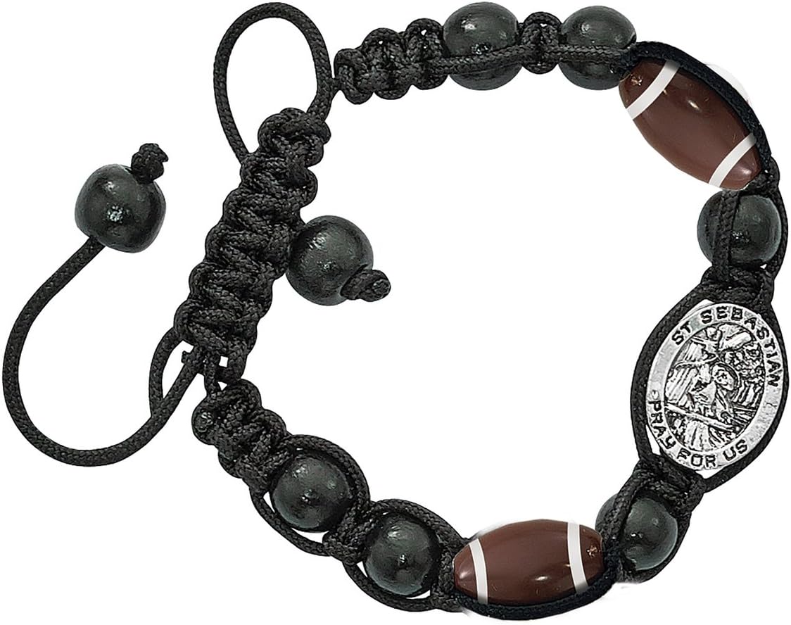 Religious Sports Football Bead Bracelet with Silver Toned Saint Sebastian Medal, 8 Inch
