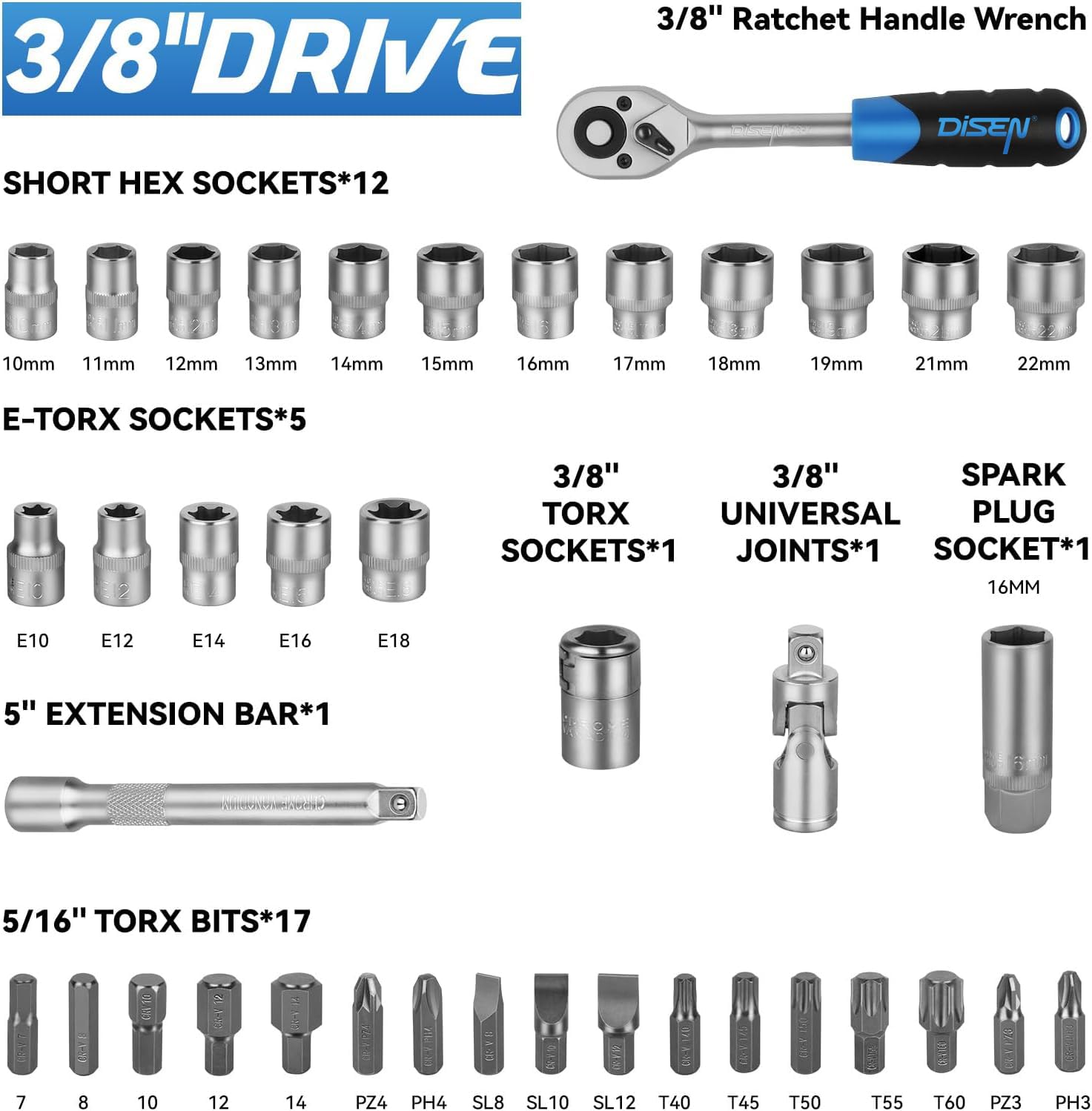 DISEN Steckschlüsselsatz 108-teilig, Ratschenschlüssel Knarrenkasten Set mit Umschaltknarre 1/4" und 3/8", inkl. Gängigen Torx - Bitsatz, Verlängerungen, Steckschlüssel Set und Nüsse für Heim