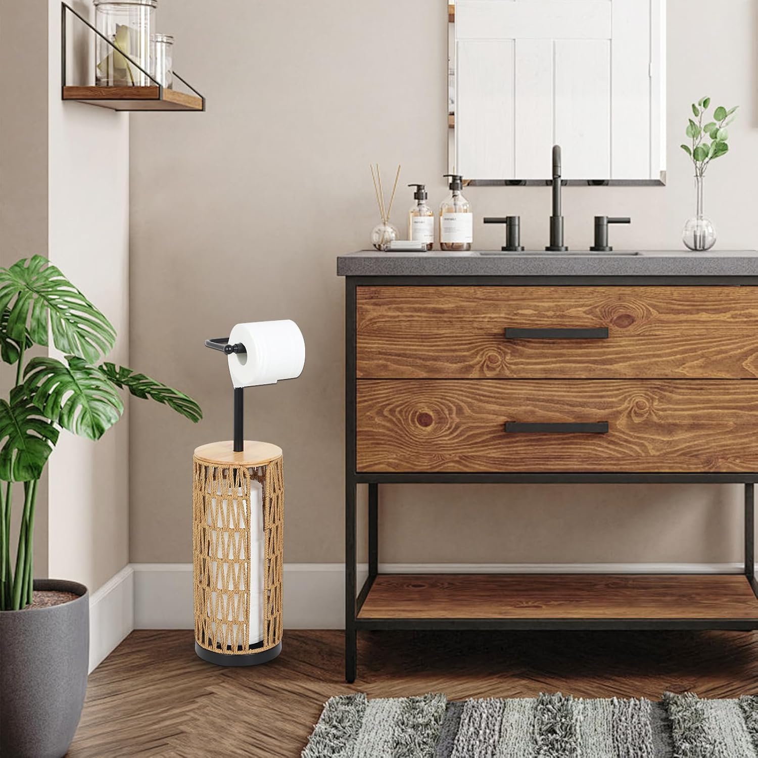 Freestanding Toilet Paper Holder with Storage,3 Rolls of Boho Toilet Paper Holder Stand with Lid,Gold Toilet Tissue Holder Stand Rattan Paper Storage Wicker Toilet Roll Holder Basket