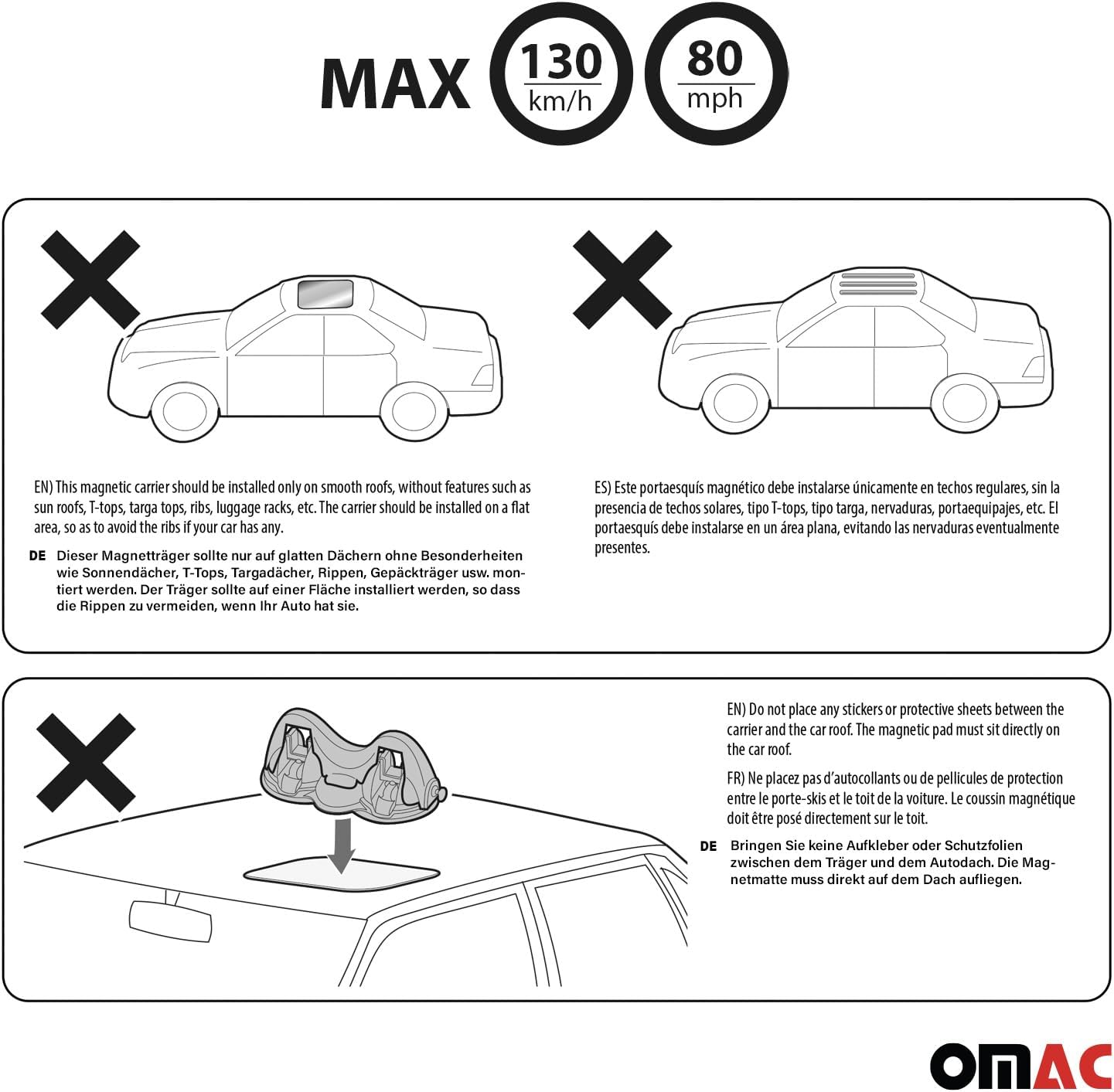 OMAC Magnetic Ski Roof Rack Carrier, 2 Pair skis and 2 Pair Sticks, Snowboard Holder Rooftop Cargo Carrier, Black and Red with Roof Mount Car Carrier 2 Pieces
