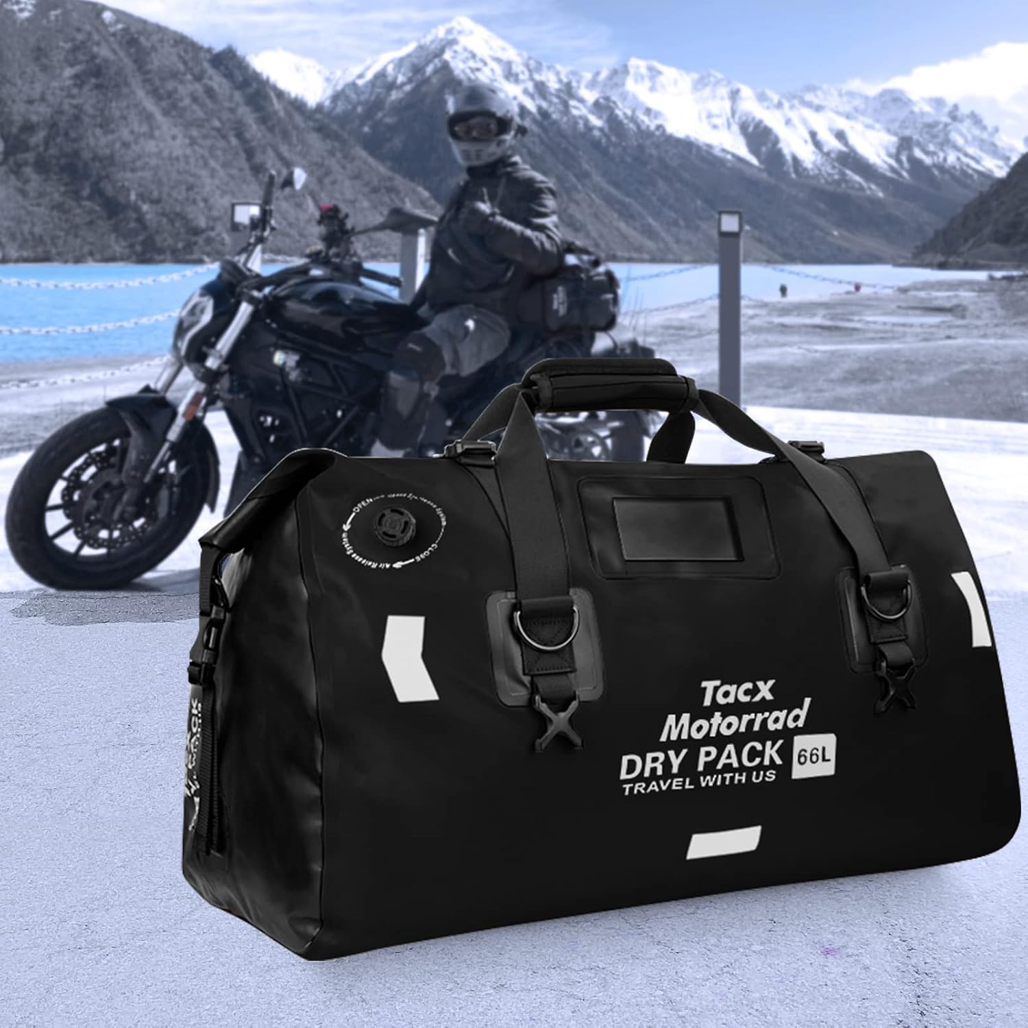 Waterproof Duffel Bag for Men/Women, Roll-top Dry Backpack Duffel Bag with Quick-fixed Straps, Motorcycle Tail Saddle Bag for Motorcycling, Rafting, Boating, Kayaking, Travel, 66L-Black