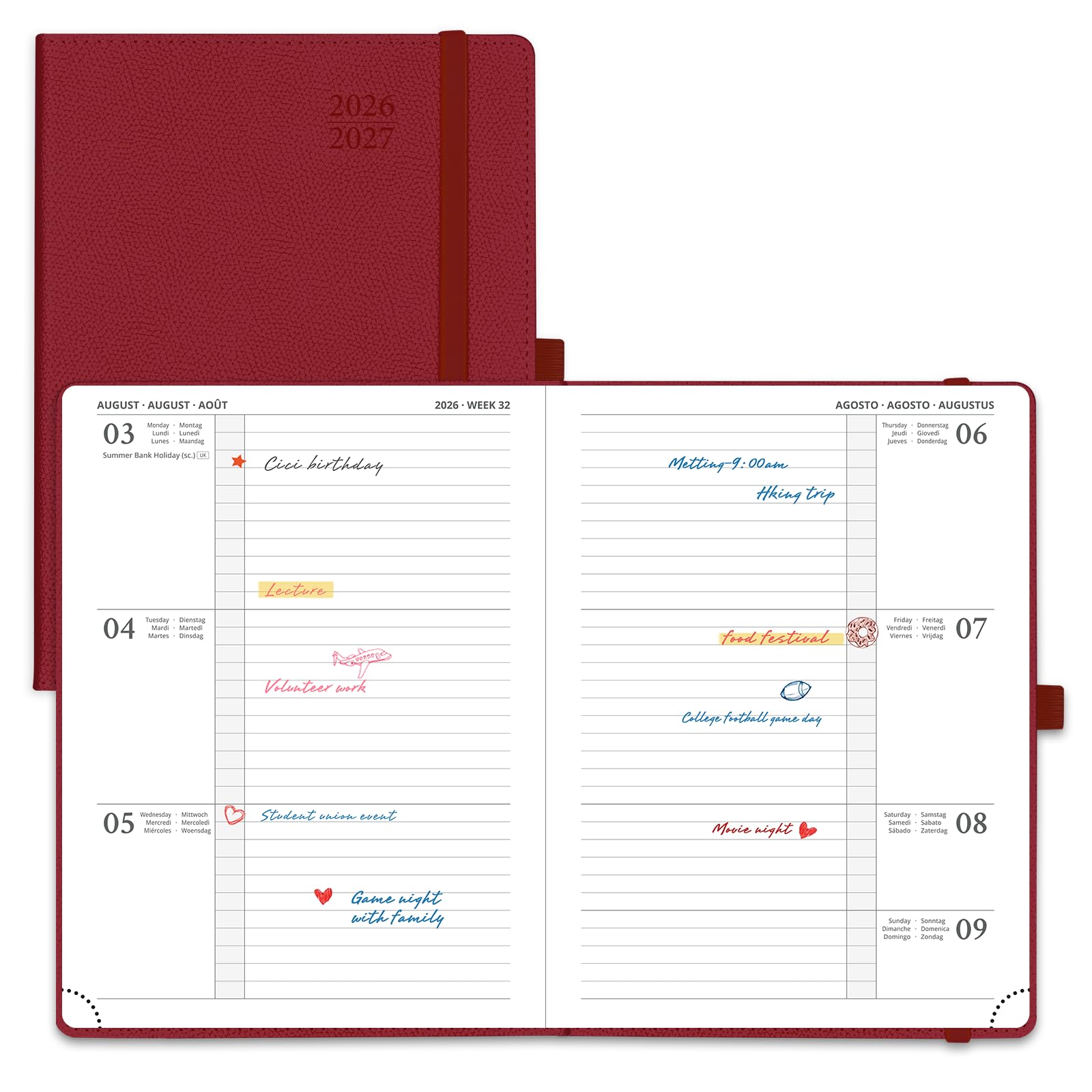 POPRUN A5 Academic Diary 2026-2027 Hardback Week to View (22x16.5 cm) 26/27 Horizontal Weekly Planner 17 Months (Aug'26 - Dec'27) Mid Year(Burgundy)