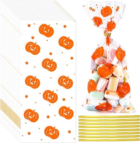 120 bolsas de celofán de Halloween, bolsas de plástico de calabaza, bolsas de golosinas de otoño, bolsas de aperitivos de Acción de Gracias, bolsas