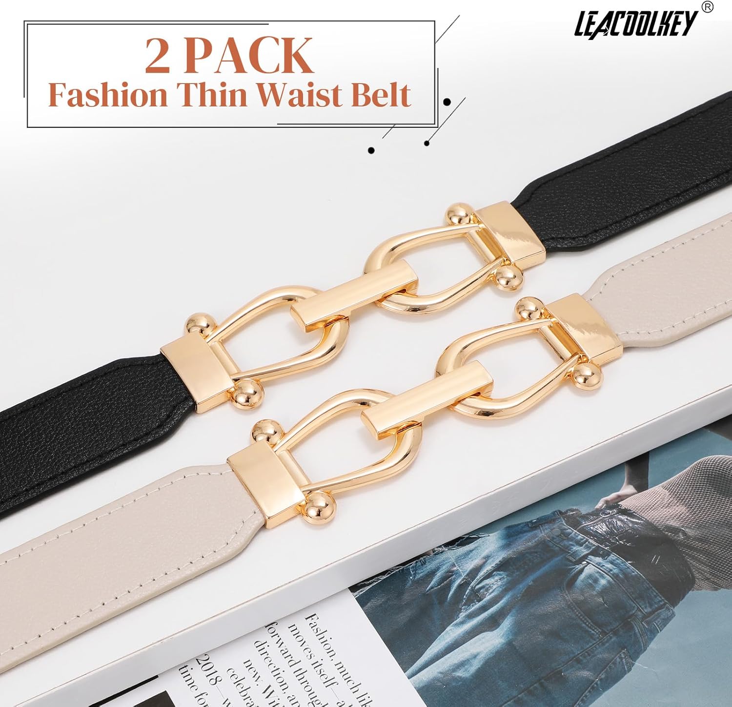 LEACOOLKEY 2 Pack Women Skinny Stretch Belts for Dress Ladies Elastic Thin Waist Belt with Gold Buckle - Image 2