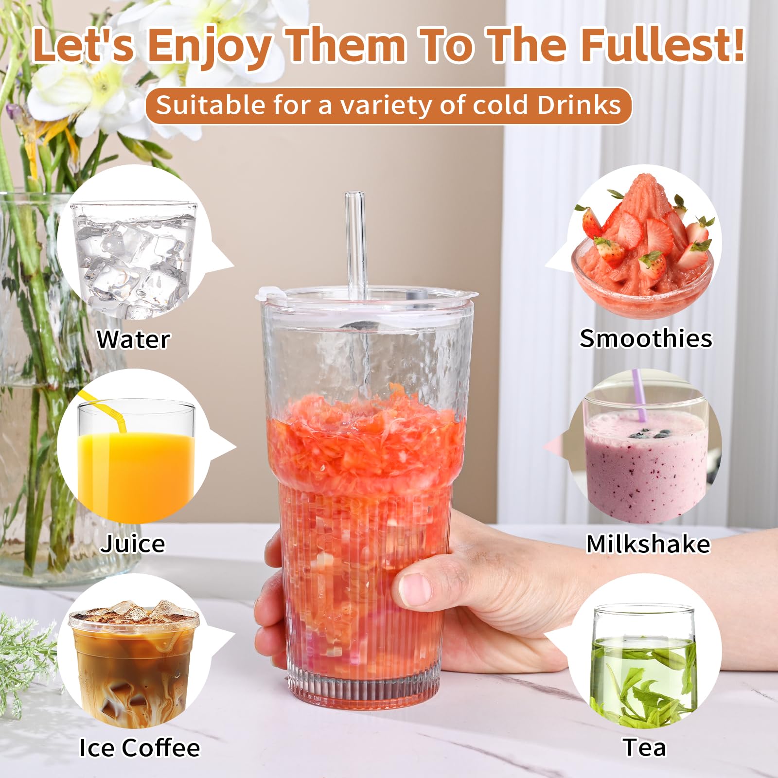 Tazas de café de vidrio acanalado de 20 onzas, 4 tazas de vidrio con tapa y popote, tazas de café helado vintage, vasos de agua para whisky, cóctel, cerveza