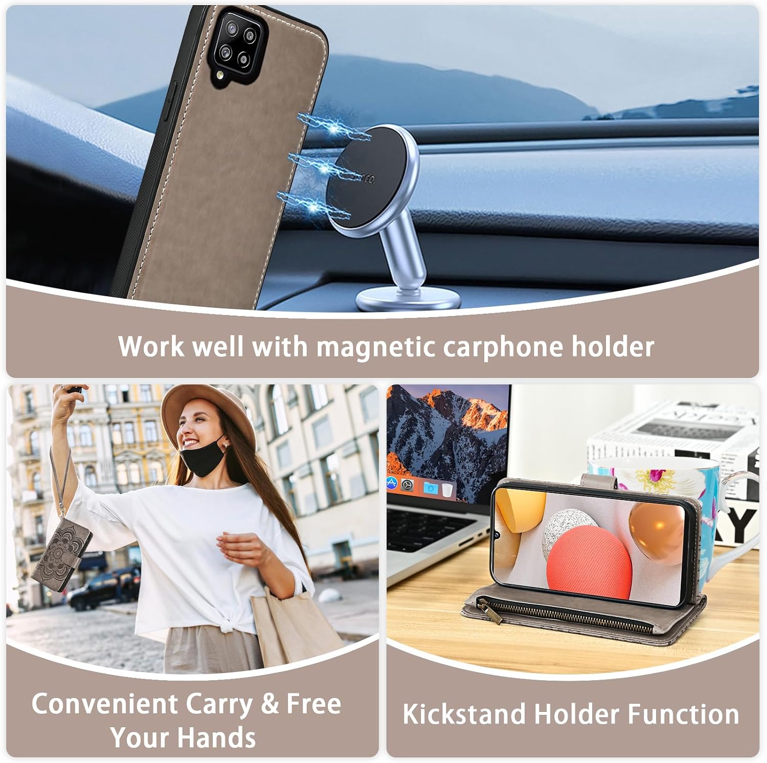 Asuwish Phone Case for Samsung Galaxy A42 5G Zipper Wallet Detachable Cell Cover with Tempered Glass Screen Protector Crossbody Strap Flower Card Holder Slot A 42 G5 42A S42 4G 2021 Women Girls Gray