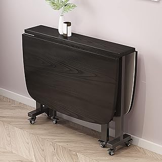 Mbbpftse Folding Kitchen Table, Drop Leaf Dining Table, Wood Extendable Table Dining, Saving Space, Round Edge Design, Adjustable Moveable Kitchen Desk Table Wheels (Black,100x60cm)