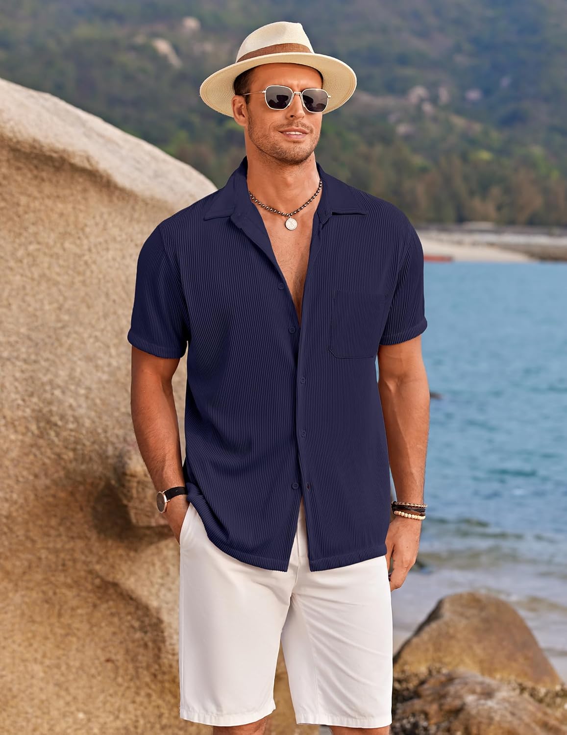 COOFANDY Men's Ribbed Button Down Shirts Short Sleeve Casual Shirt with Pocket Summer Beach Camp Tops - Image 4