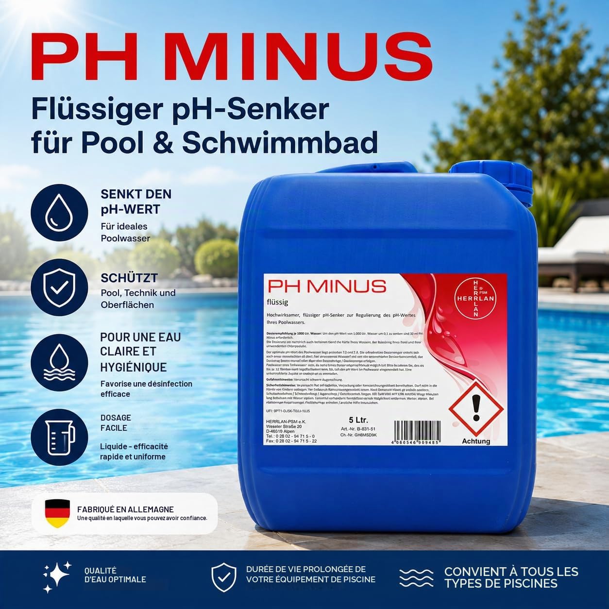 HERRLAN® pH Minus 10 litres / 11 kg – Réducteur de pH Liquide pour Piscine & Bassin – Régulation Professionnelle du pH pour systèmes au Chlore et à l’Eau salée – Fabriqué en Allemagne