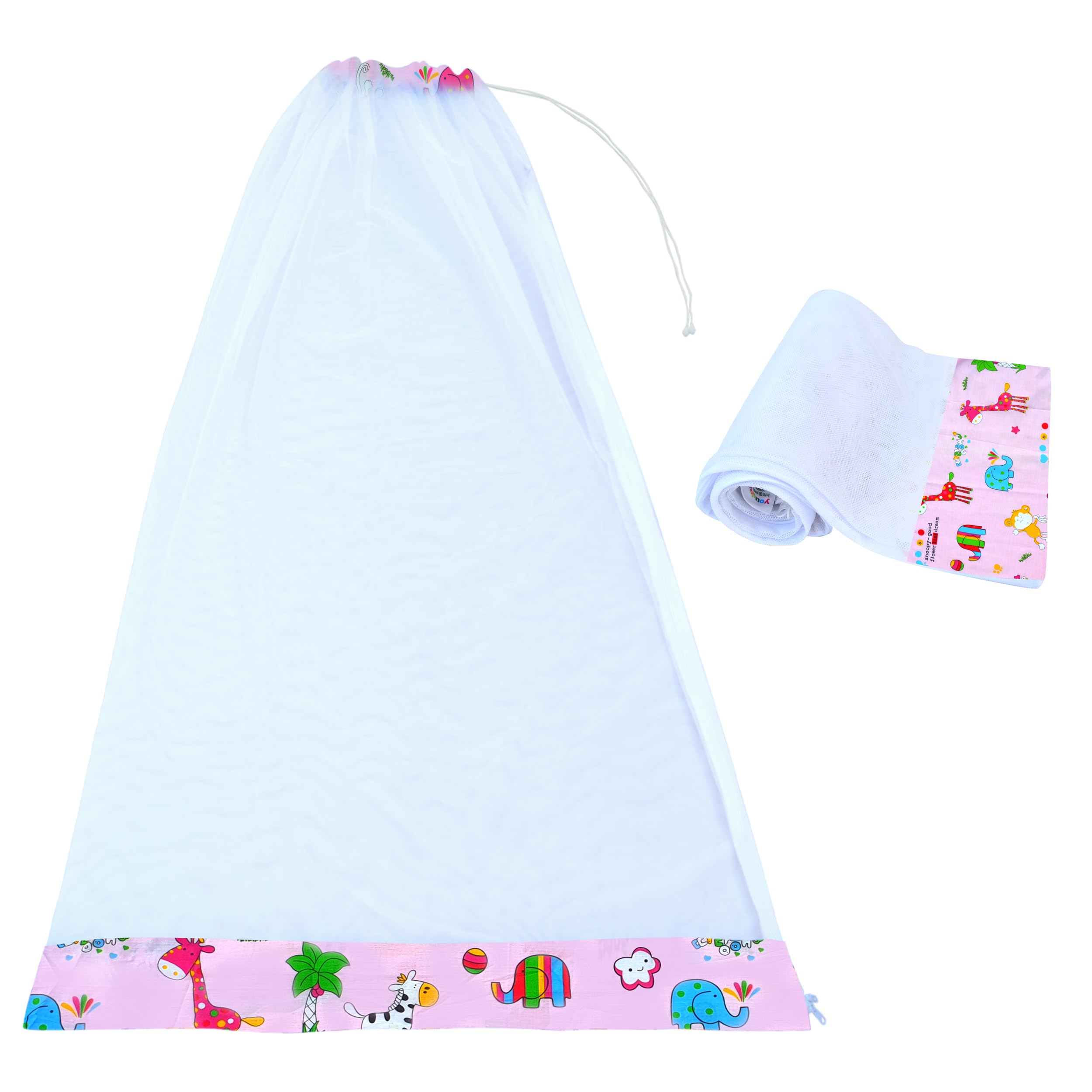 Younique Hanging Baby Cradle Mosquito Net for Cloth Cradle/Swing/Jhula/Thottil/Jhoola with Side Zip Opening, Thottil Kosuvalai Mosquito Net for Baby Cradle Swing (0-3 yrs) - Pink Cartoons
