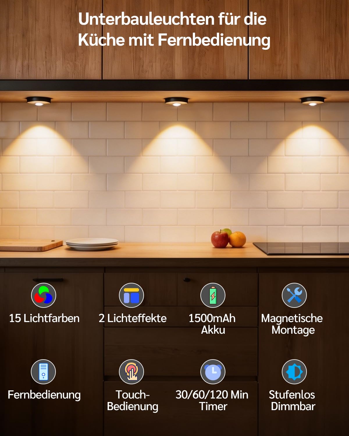 USB Aufladbar LED Spots Akku mit Fernbedienung, RGB Farbwechsel Unterbauleuchte, Magnetisch Dimmbar LED Schrankbeleuchtung, Kabellos Vitrinenbeleuchtung mit Timing Funktion Schwarz (3er Pack)