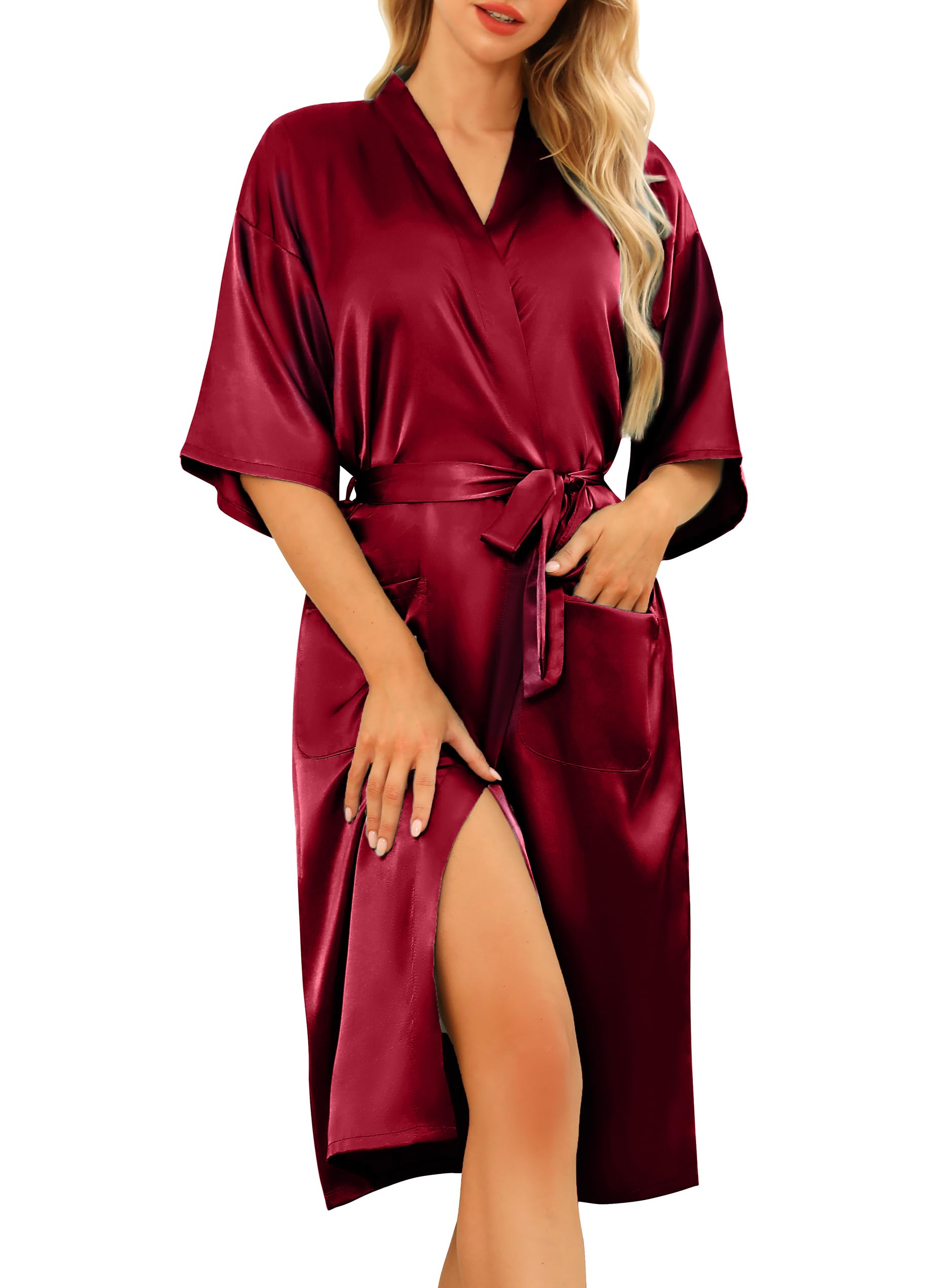 Lovasy Satin Bademantel Damen Lang Leicht Japanisch Kimono Jacke mit Gürtel Sexy Morgenmantel für Hochzeit Braut Party