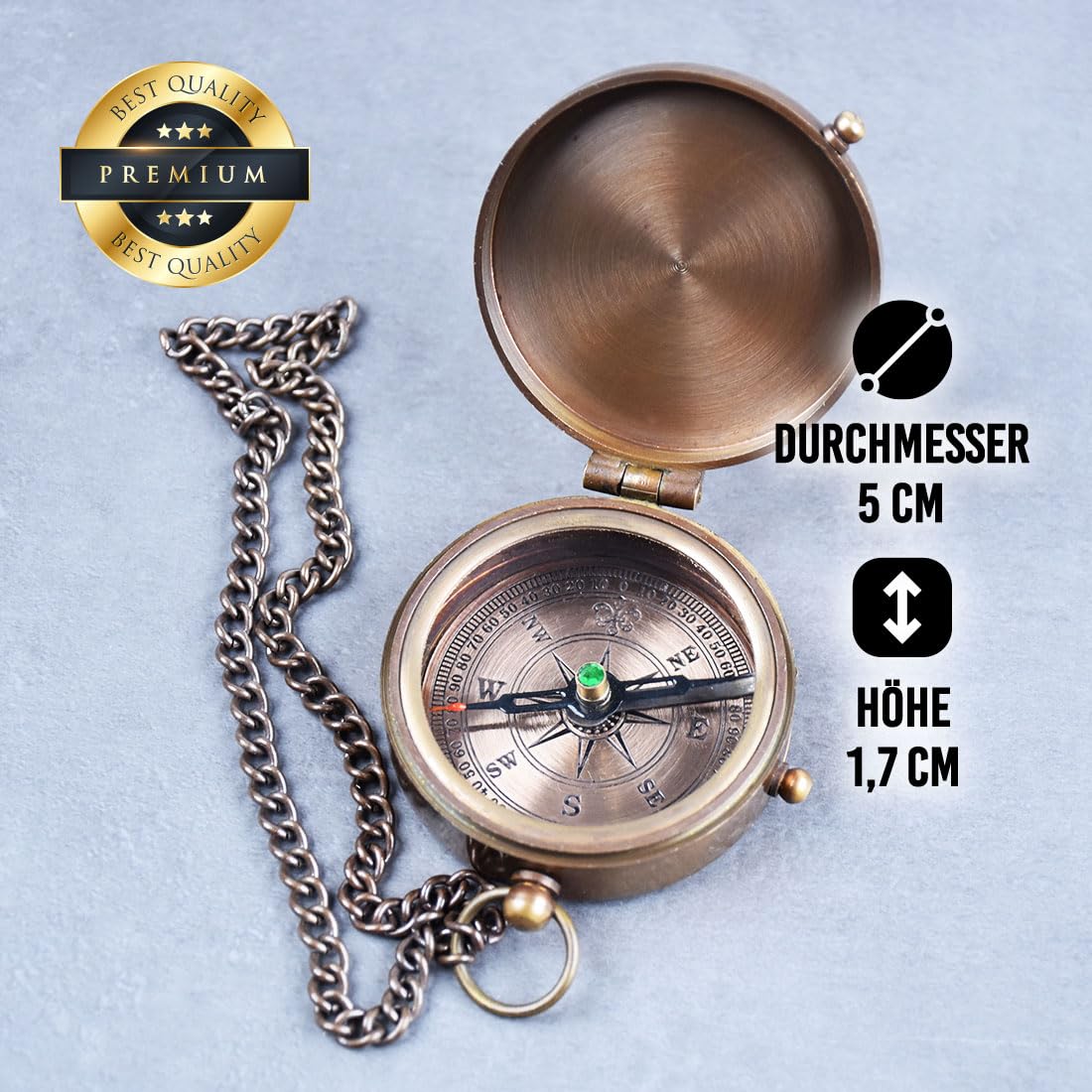 polar-effekt Bronze Metall Kompass mit Gravur - Geschenke für Frauen & Männer - Taschenkompass für Outdoor & Camping - Wanderkompass mit Metallkette