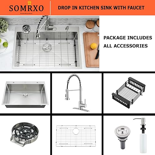 Miniatura 8 de Fregadero de cocina de 33 x 22 pulgadas con grifo  Fregadero de cocina de acero inoxidable con lavadora de tazas, fregadero de cocina de un solo