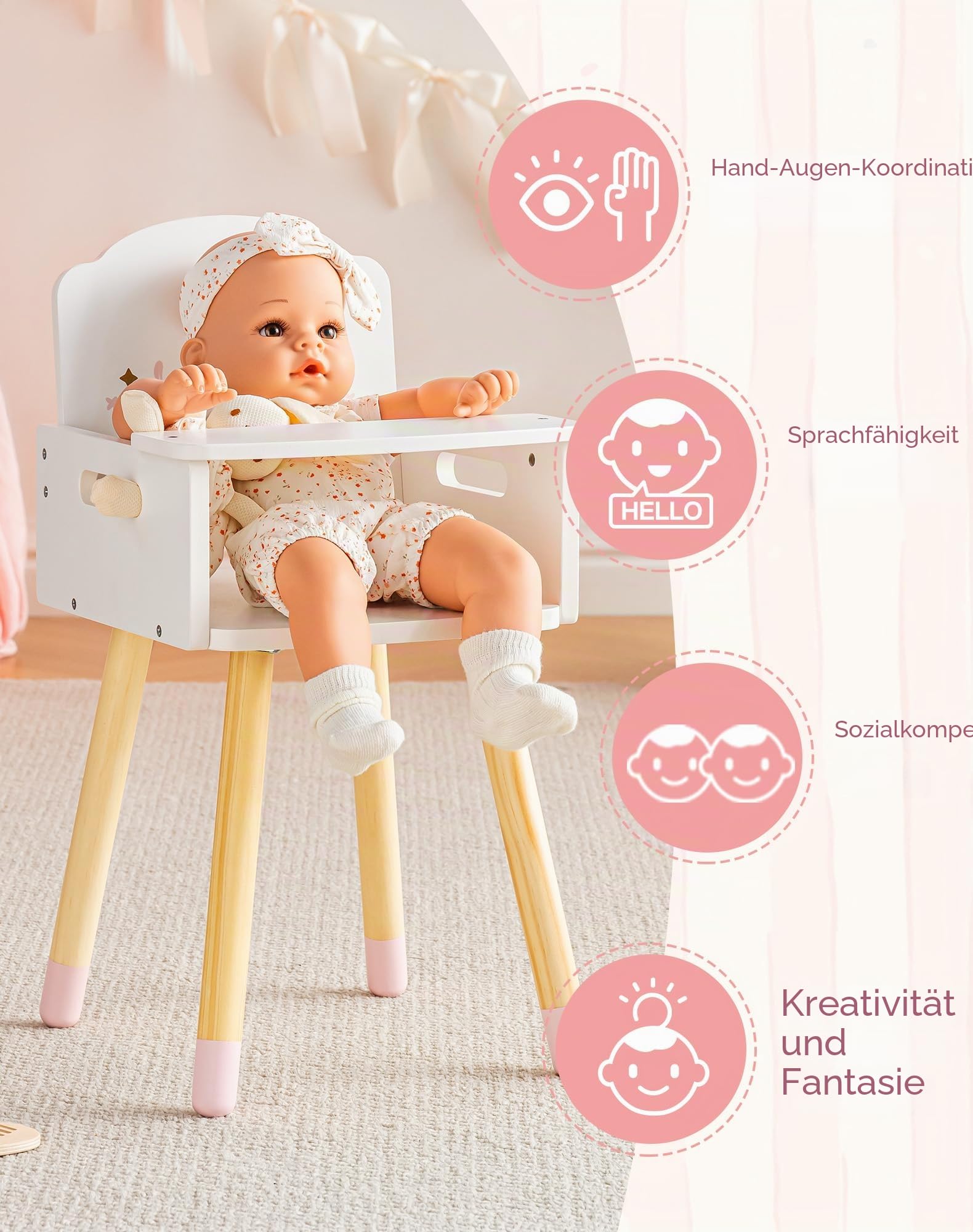 ROBOTIME Holz Puppenhochstuhl, mit festem Tablett für 16-18 Zoll Puppen, Puppenhochstuhl Möbel, Holz Möbel für fantasievolles Füttern, Ballet Fairy Serie – Rosa