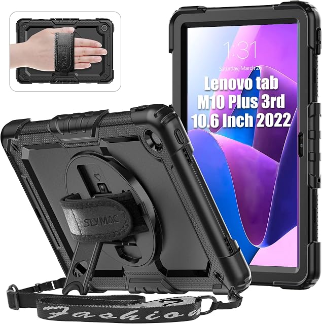 SEYMAC Case for Lenovo Tab M10 Plus 3rd Gen 10.6 inch 2022 with Screen Protector,Shockproof Case with 360°Rotating Hand Strap/Stand, Shoulder Strap for Lenovo M10 Plus 10.6 (TB-125F/TB-128F), Black