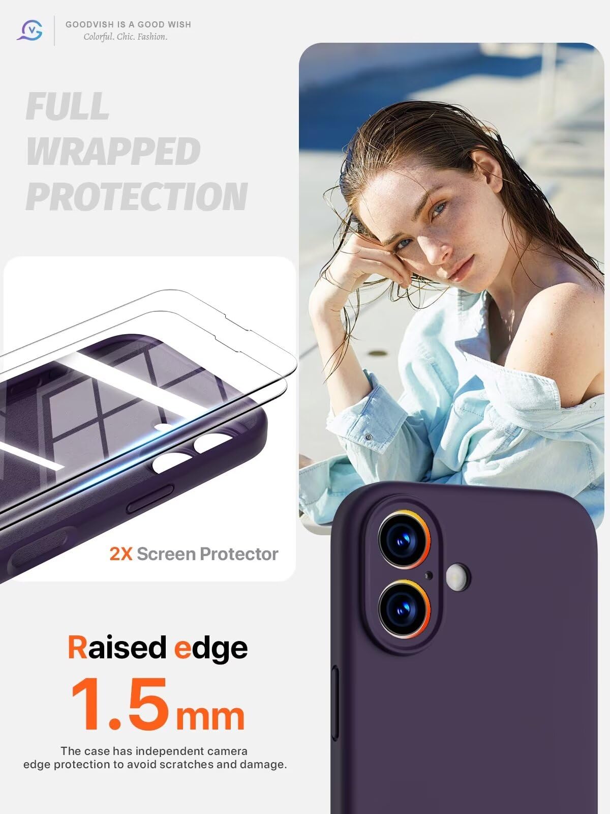 GOODVISH 3 in 1 Silicone Cover per iPhone 16 6.1", Custodia con 2 Pellicola Vetro Temperato [Protezione Fotocamera] 360° Protezione Anticaduta Case per Cellulare Antiurto Resistente, Viola Scuro