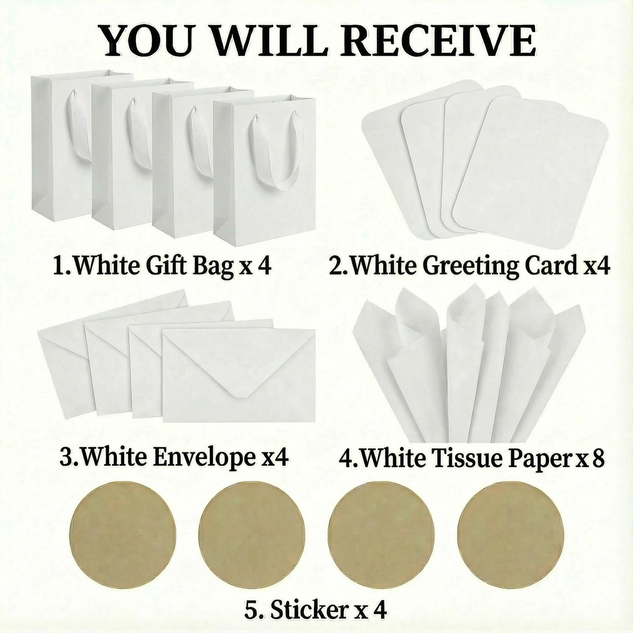 JUNESHE 4 Sets Small White Gift Bags, 8 inch Tiny Little Paper Bag Matching Card Envelope Sticker Black Tissue Paper for Birthday Party Favors Baby Bridal Shower Shopping Presents Wedding Welcome