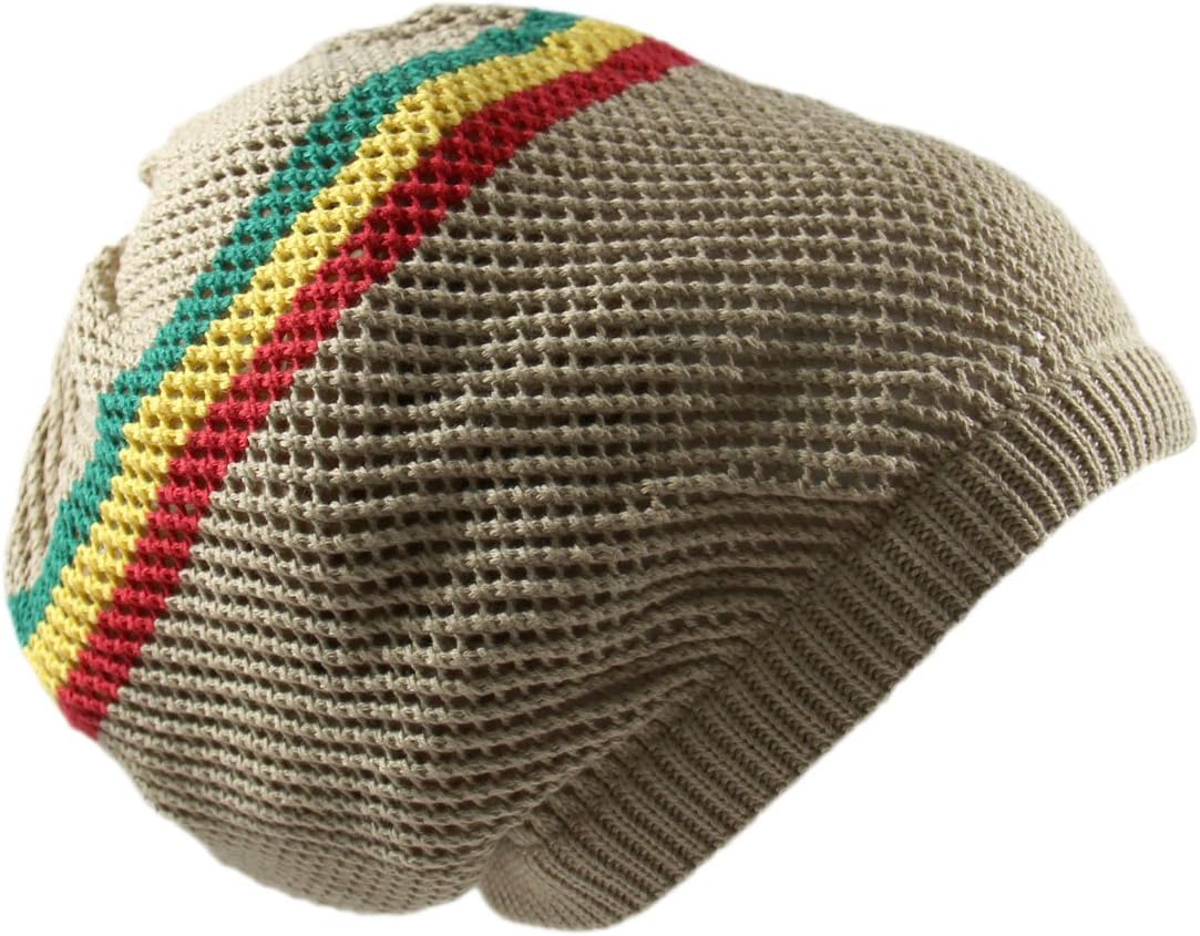 RW 100% Cotton Mesh Rasta Light Weight Slouchy Beanie (Khaki/Rasta)