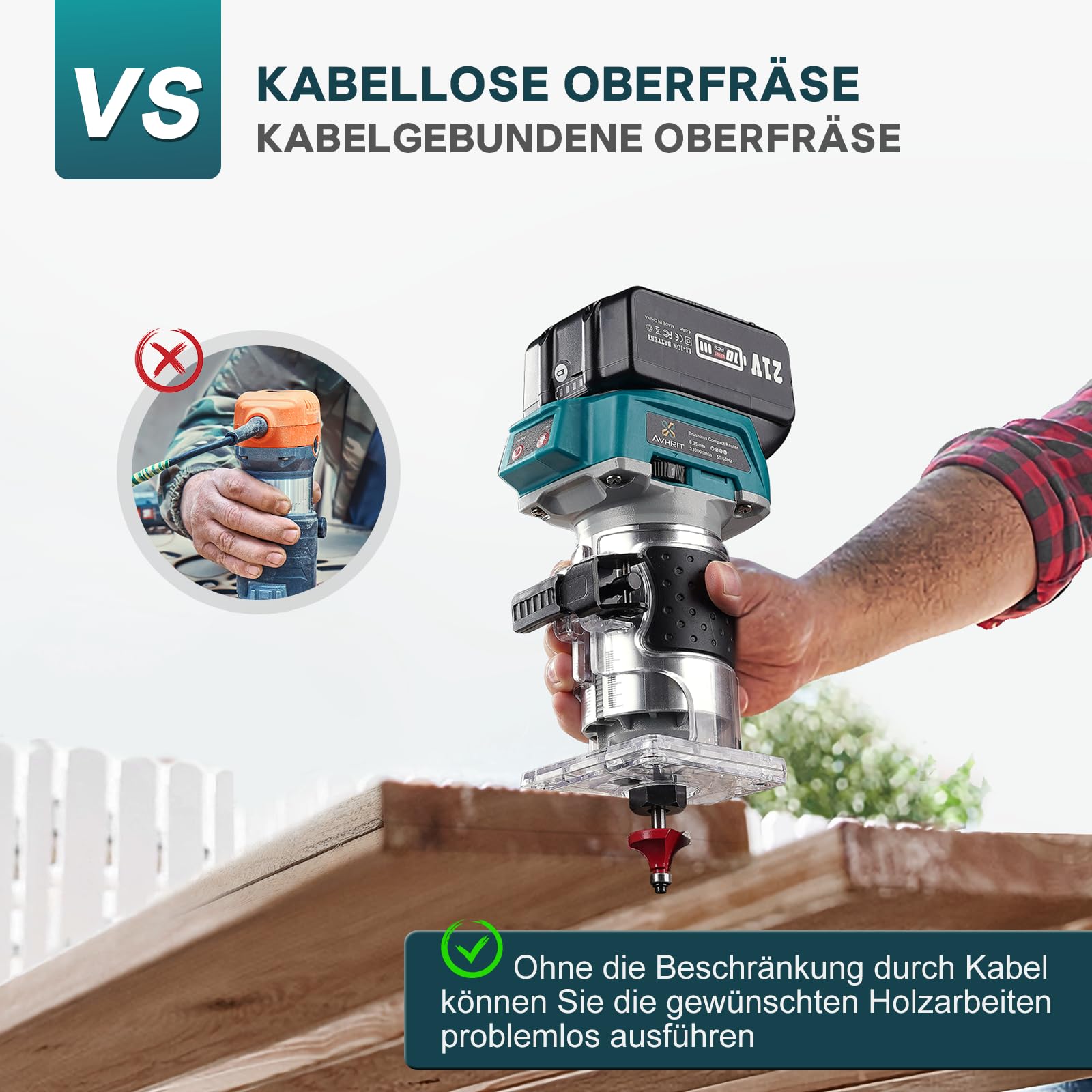 Fresatrice verticale a batteria, 21V Fresa legno con 2PCS 4.0Ah Batterie, 33000 giri/min Fresatrice a motore senza spazzole, 6 velocità Trimmer con 15 Pinze Mandrini 1/4"