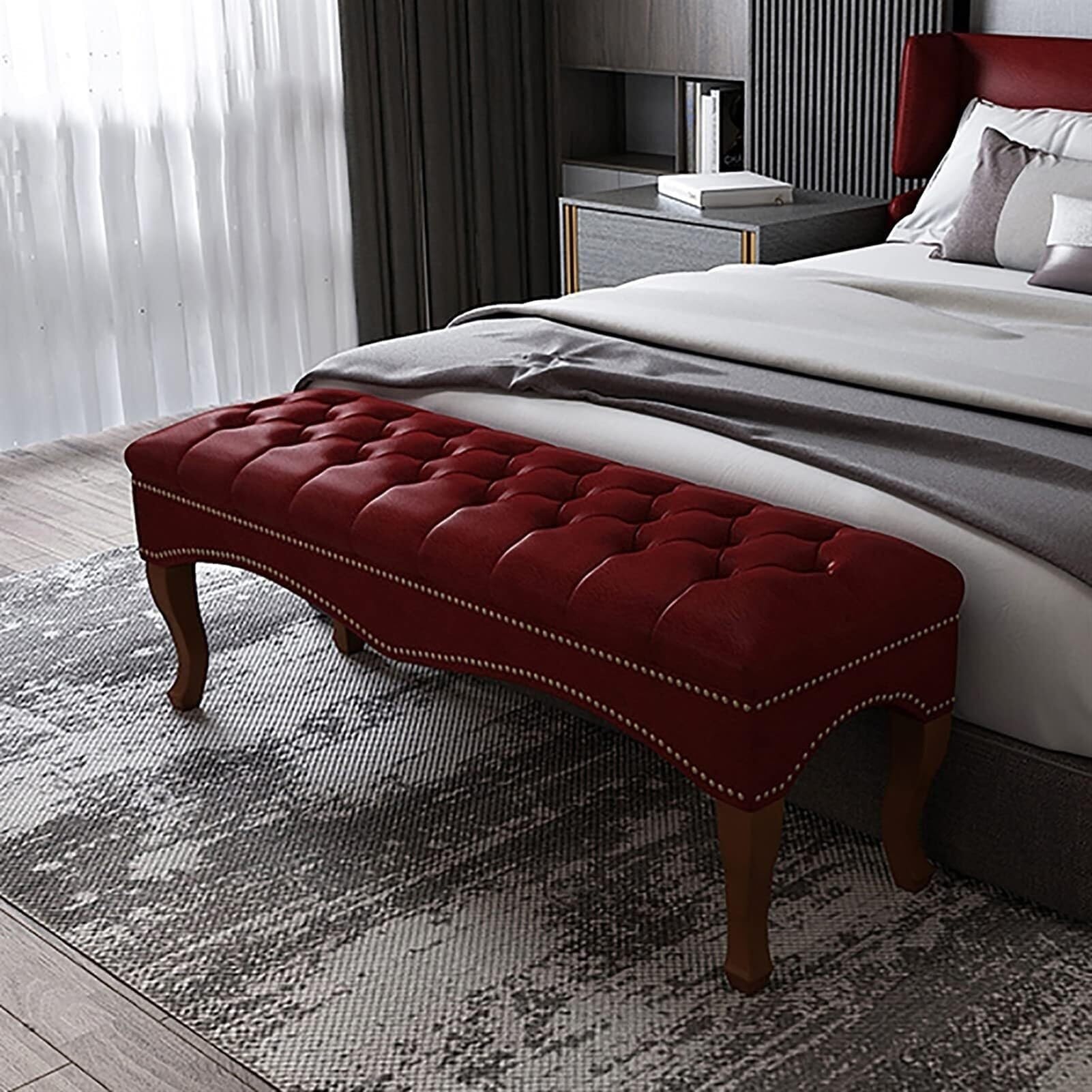 Banc de lit en cuir rouge design chic et bois massif pour chambre