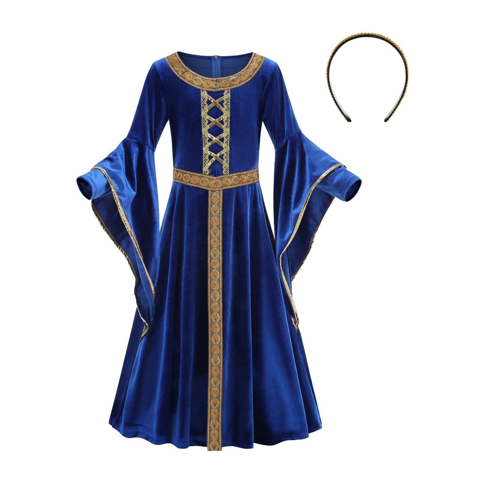 RRCBMD Medieval Renaissance Costume Girls Princess Fairy Custom Dress 2PCS Party Cosplay Gold Rim Blue-10-12Y