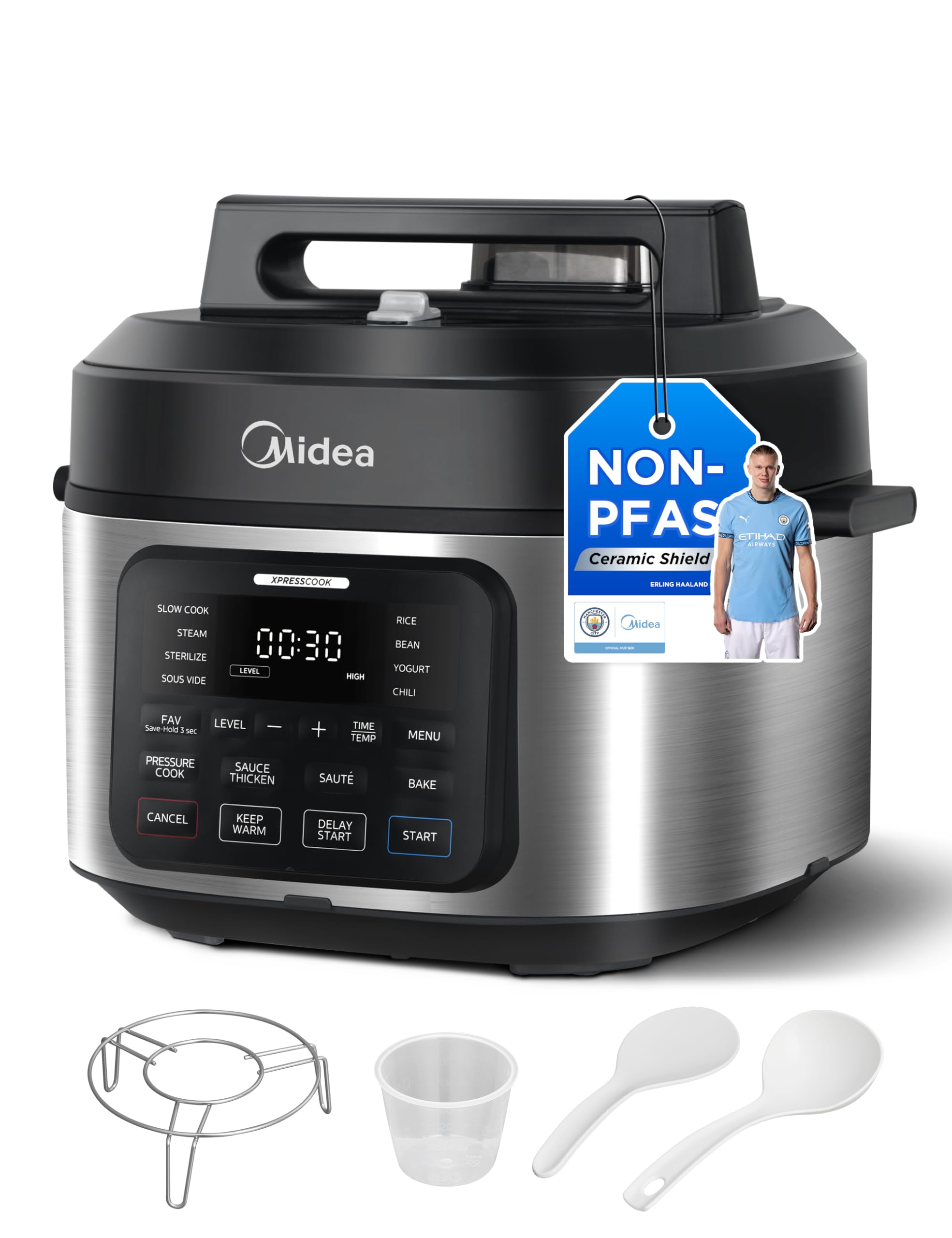 Midea Autocuiseur 9-en-1 Acier Inoxydable, Multicuiseur 6L Fonctions Completes Cuiseur de Riz Vapeur Yaourtière Mijoteus