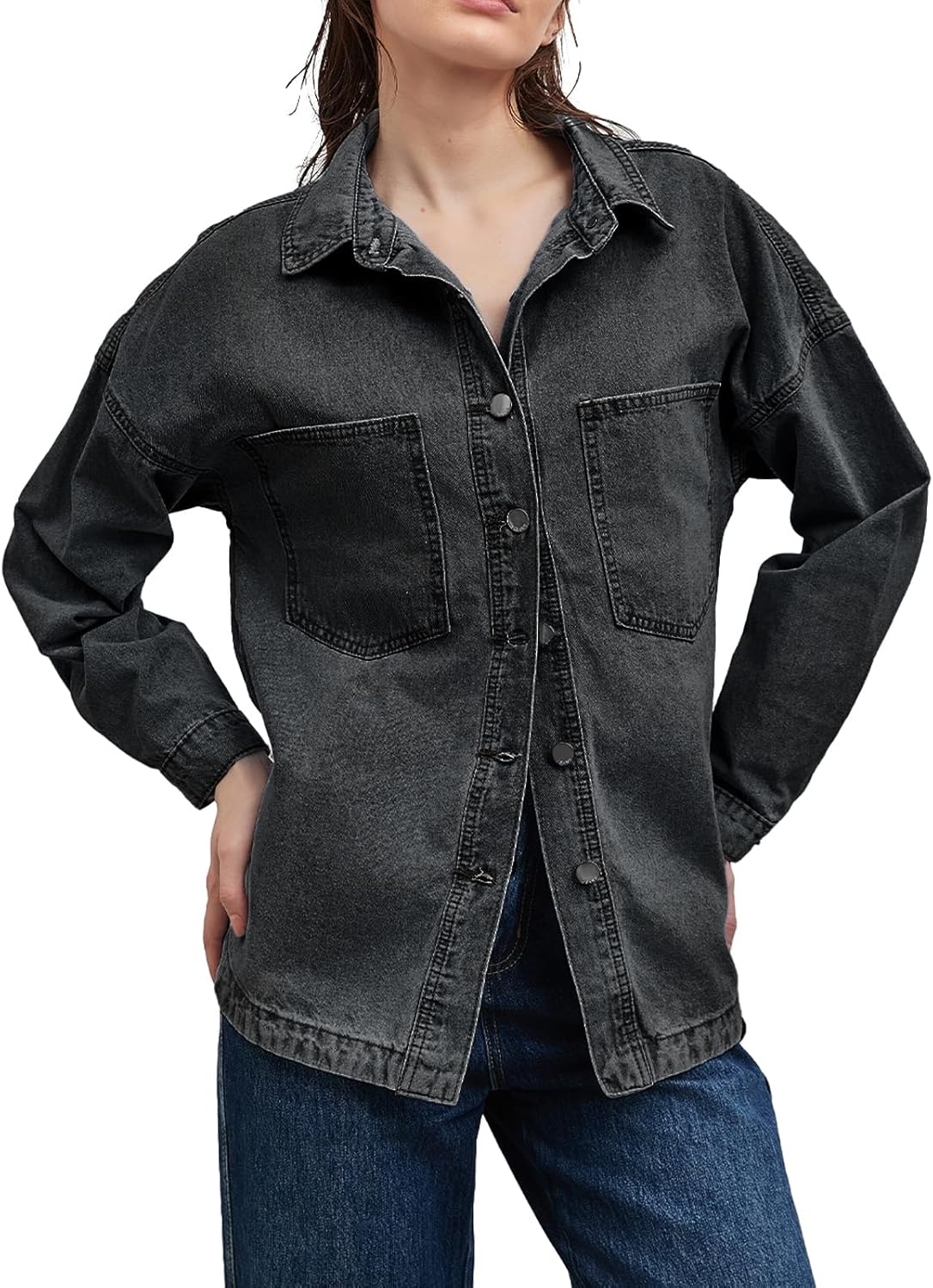 Women Denim Jacket Shacket Long Sleeve Oversize Boyfriend Jean Jacket Shirt - Image 5