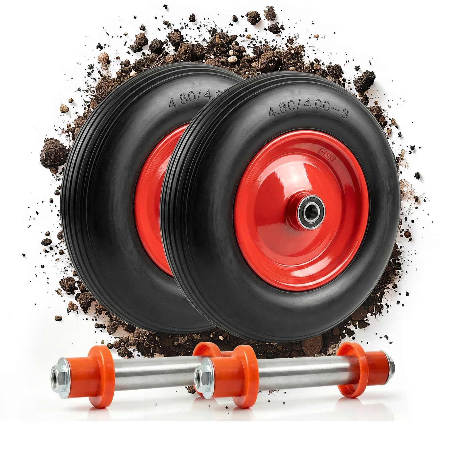 Lot de 2 roues de brouette anti-crevaison avec 2 essieux (130 mm) de la marque Tergato - Charge totale : 300 kg - Pneus en caoutchouc PU de 400 mm non crevables - Jante en acier rouge