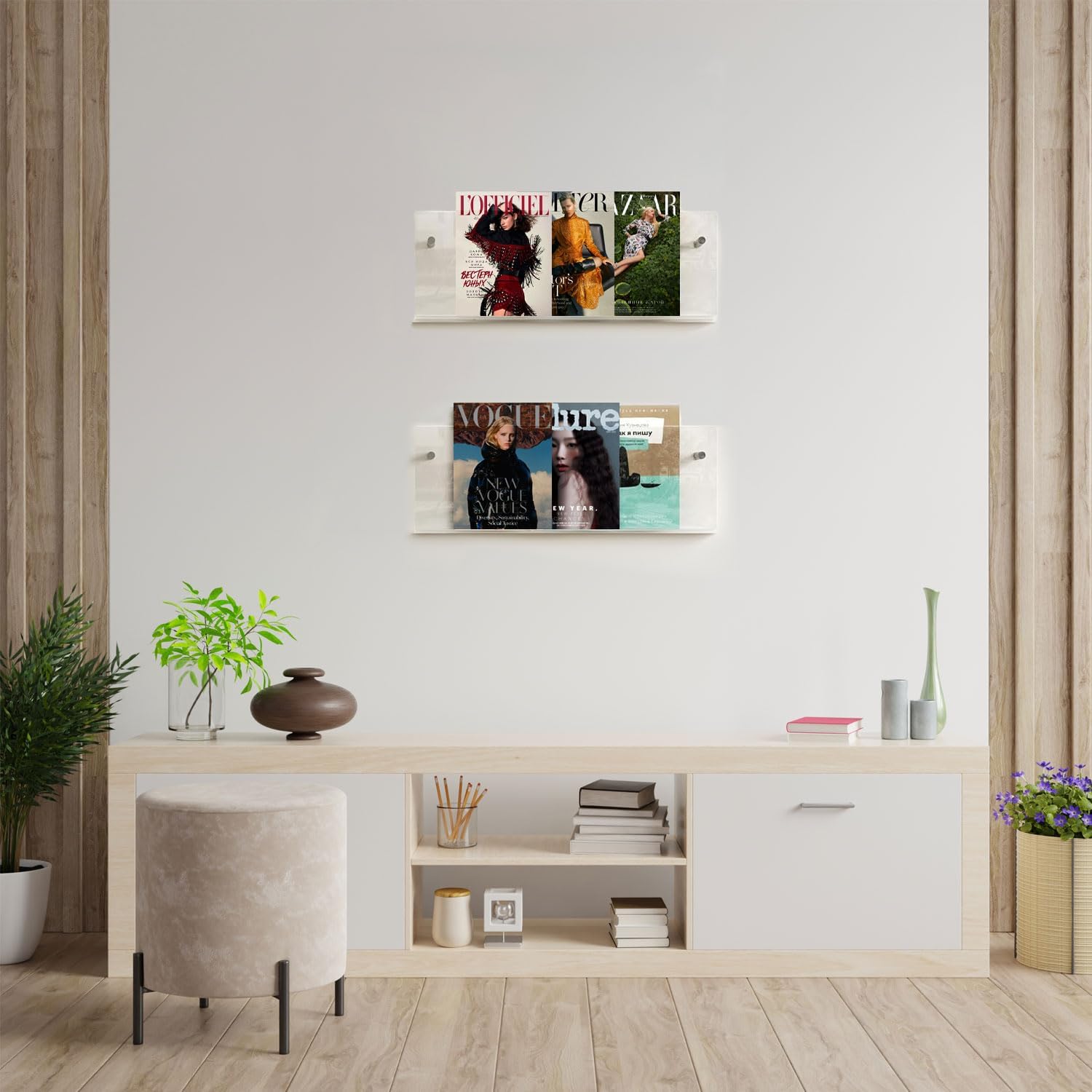 2-Pack Acrylic Magazine Holder - 24 Inch Clear Wall Mounted Floating Bookshelf for Brochures,Records & Books,Modern Storage Rack for Office,Living Room,Waiting Room(Clear,24 Inch)