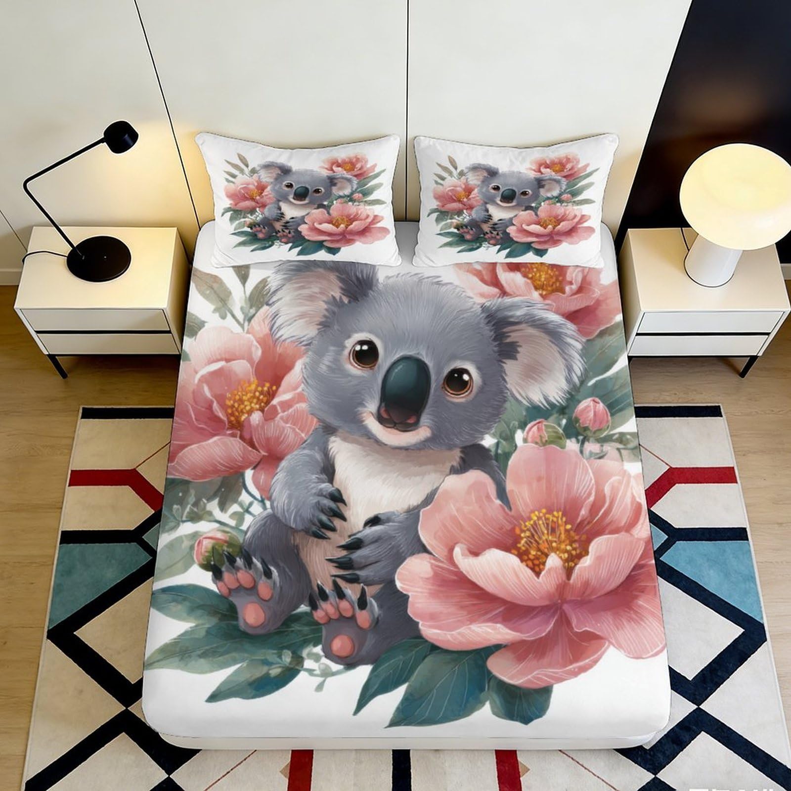 3D Printed Cartoon Koala Floral Fitted Sheet Microfiber Deep Pocket Non-Slip Bedroom Bedding Koala Flower Mattress Fitted Cover Washable Elastic Hem 140x200x25cm