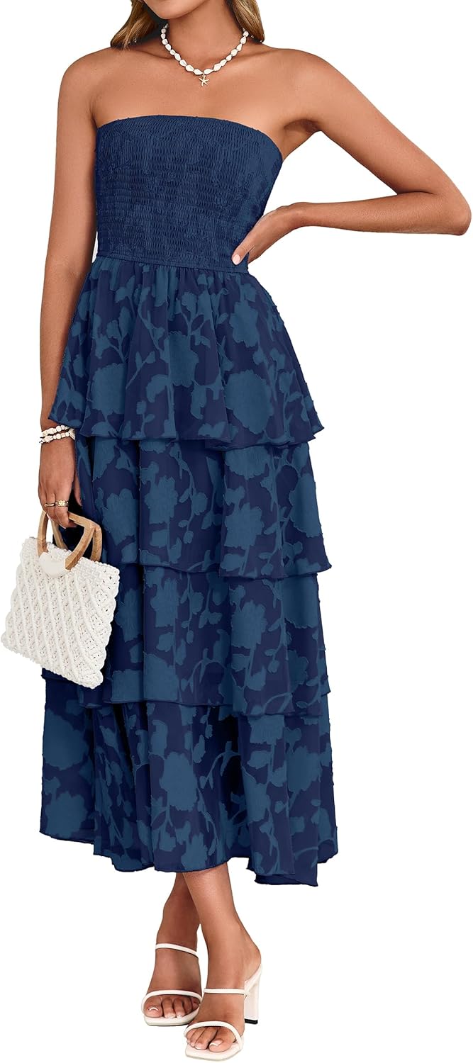 Simplee Womens Summer Strapless Maxi Dress 2026 Boho Floral Off Shoulder Wedding Guest Dresses Tiered Beach Long Sundress