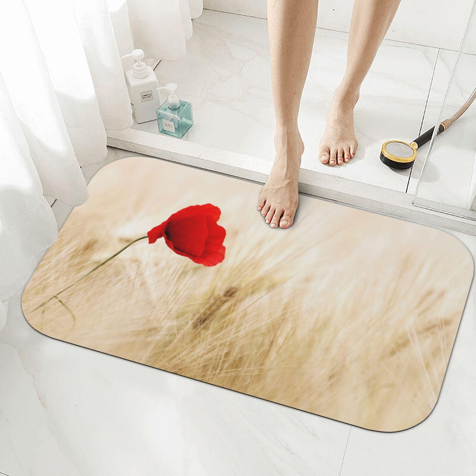 Tapis de bain fleurs rouges antidérapant pour créer une ambiance naturelle près du lavabo