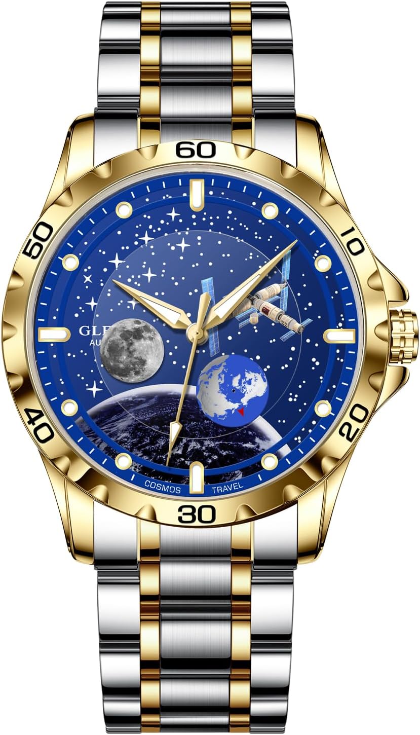 Mechanical Automatic Watches for Men-Blue Rotating Little Earth, Luminous Dial with Starry Sky Moon Phase, 3ATM Waterproof Steel Strap Wrist Watches
