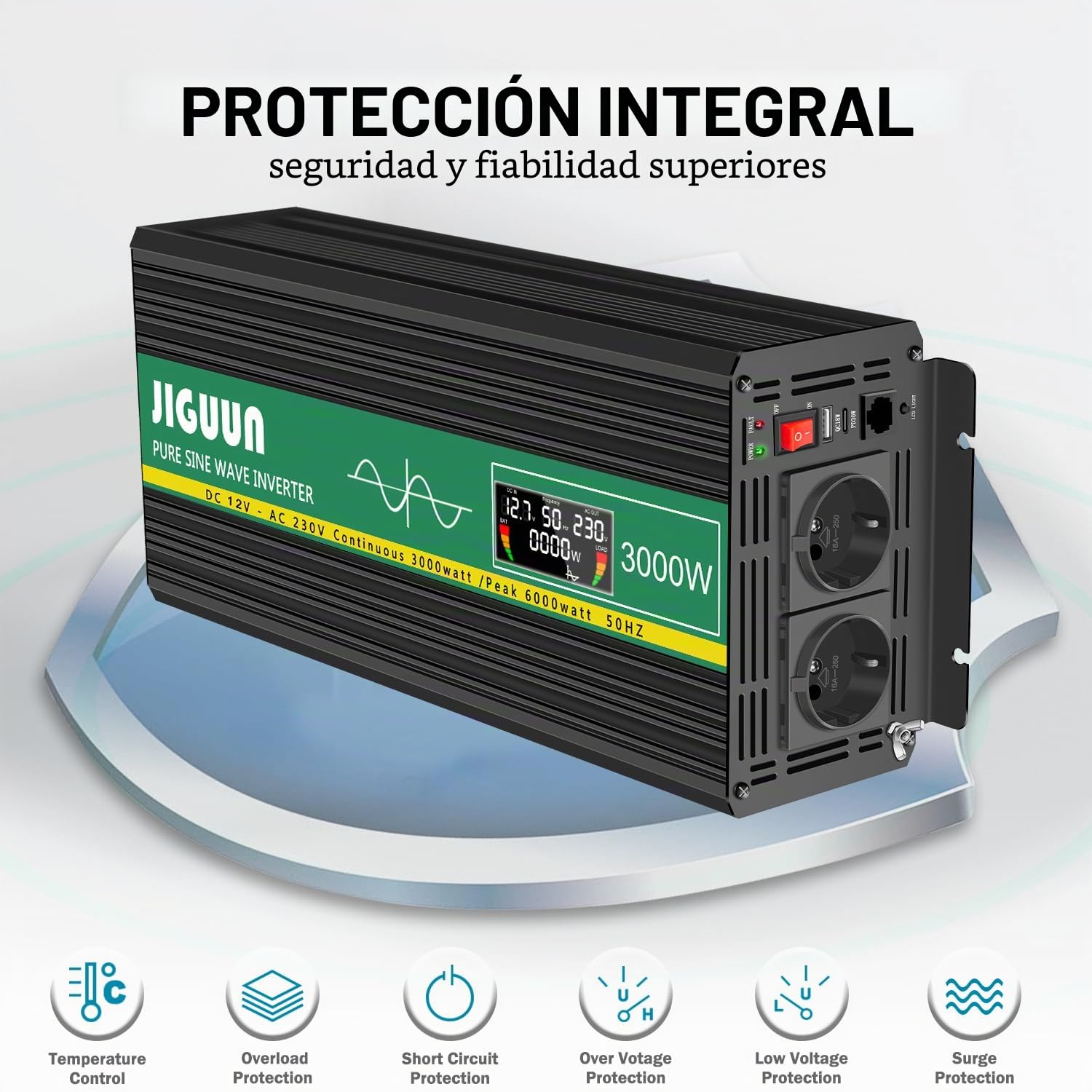 JIGUUN 3000W Inversor 12V 220V Onda Pura Convertidor Inverter con 2 Tomas UE y un USB ，Mando a Distancia e indicador LCD，Potencia máxima 6000W para RV, Viajes, emergencias (3000W12V-P)