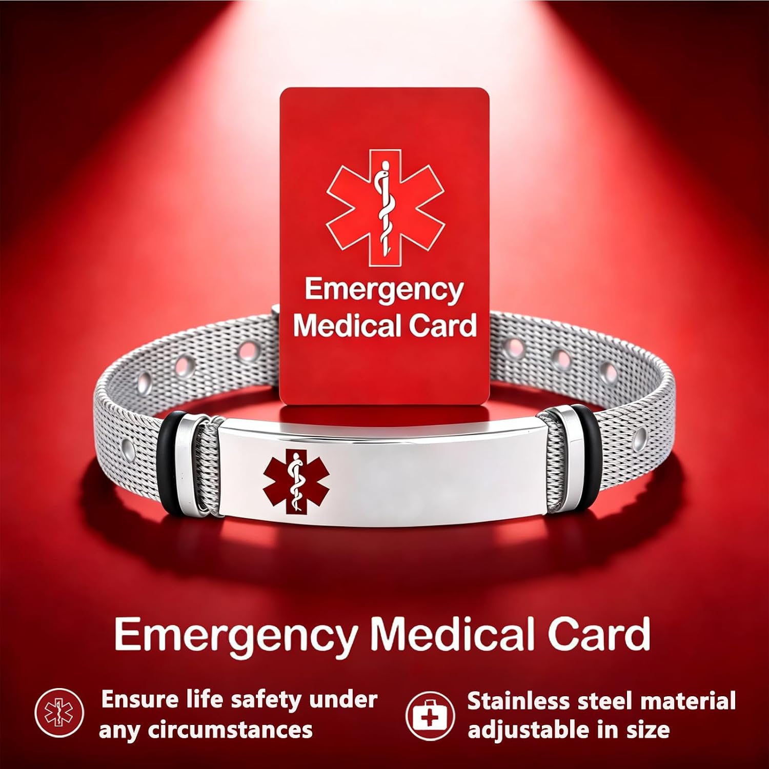 Medical Alert Bracelet for Men Women - Adjustable Stainless Steel Engraved Medical Symbol ID Bracelet, Water-Resistant with Emergency Card & Gift Box
