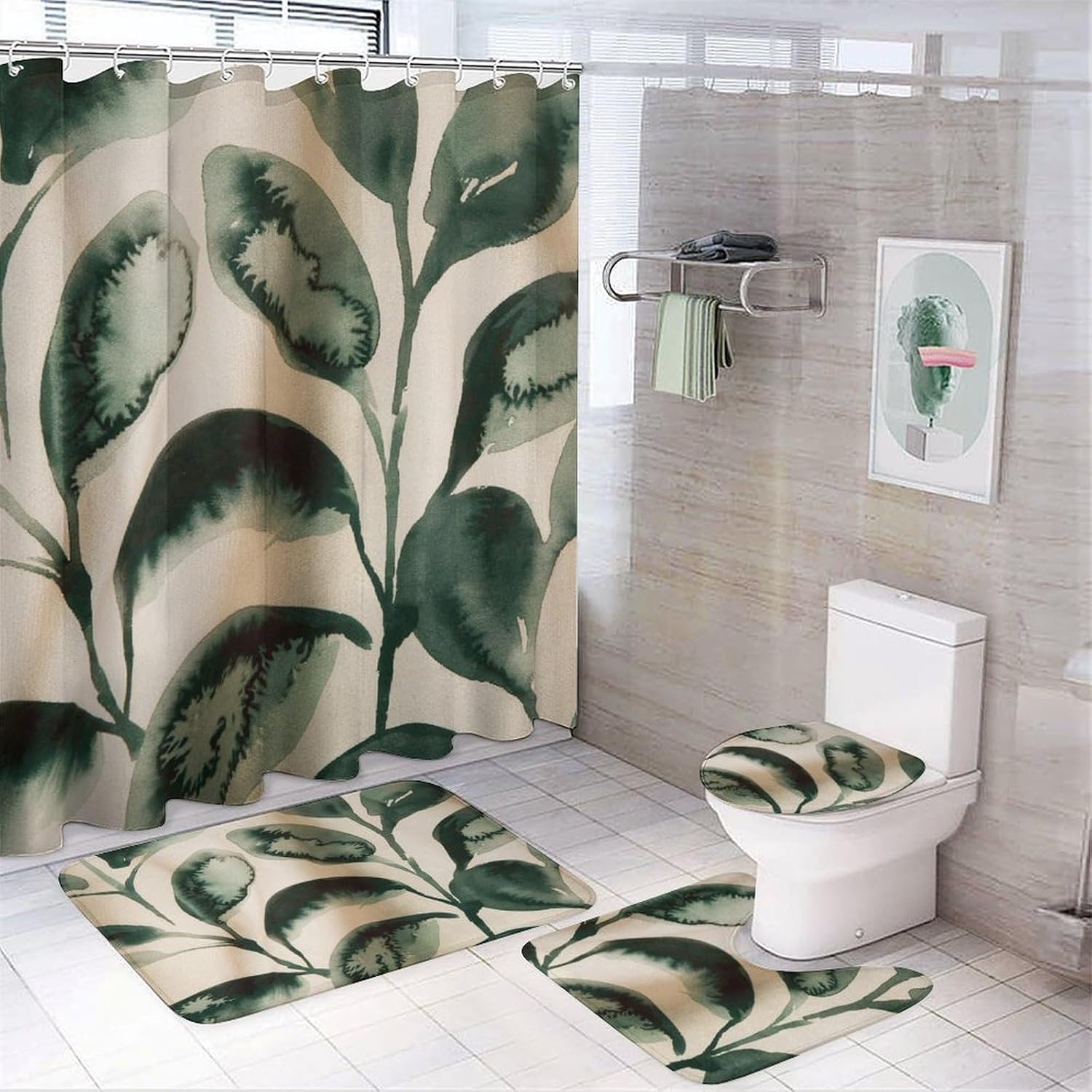 Bathroom Mat Set, Floral Pattern Printed on Bath Sets for Bathroom Accessories, Perfect for Bathroom Hotel Dorm Spa Home, 72 x 72 inches
