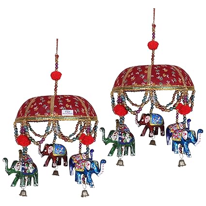 Heart Home Rajasthani Traditional Windchimes|Handcrafted Latkan|Toran with 5 Decorative Hanging Elephants,Pack of 2 (Red)