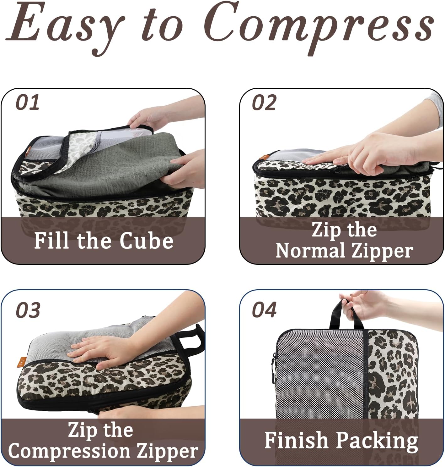 U+U 10 Set Compression Packing Cubes - Ultralight Leopard Travel Organizers with Laundry Bag, Space-Saving Suitcase Organizer, Expandable Packing Cubes for Travel and Family Vacation (Leopard)