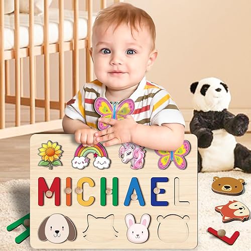 Vista 12 de Rompecabezas de nombres para niños, rompecabezas con nombre personalizado para niños pequeños, regalos de Pascua, rompecabezas de madera con nombre