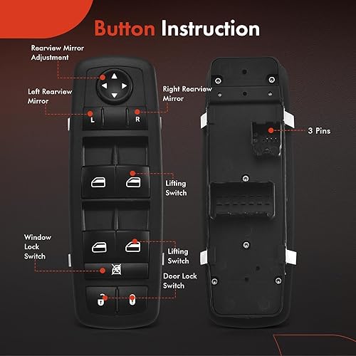 Miniatura 4 de A-Premium Master - Interruptor de elevalunas eléctrico compatible con Chrysler Town & Country y Dodge Grand Caravan 2008-2009, lado delantero