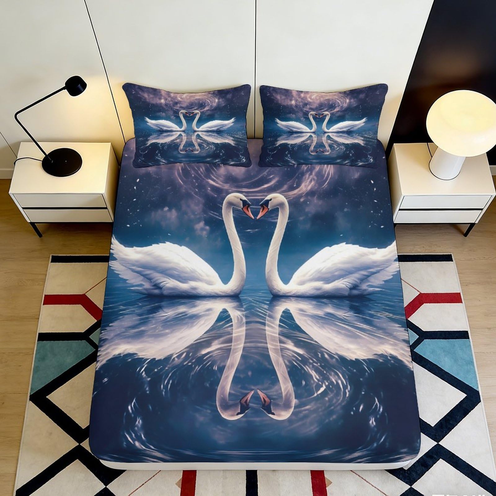 3D Printed Swan Lake Fitted Sheet Microfiber Elegant Reflection Mattress Cover for Bedroom Guest Room Decor 90x200x25cm