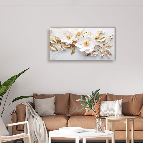 Miniatura 4 de daktenn Lienzo decorativo para pared para sala de estar, dormitorio, oficina, arte de flores blancas y doradas, arte de pared botánico grande,