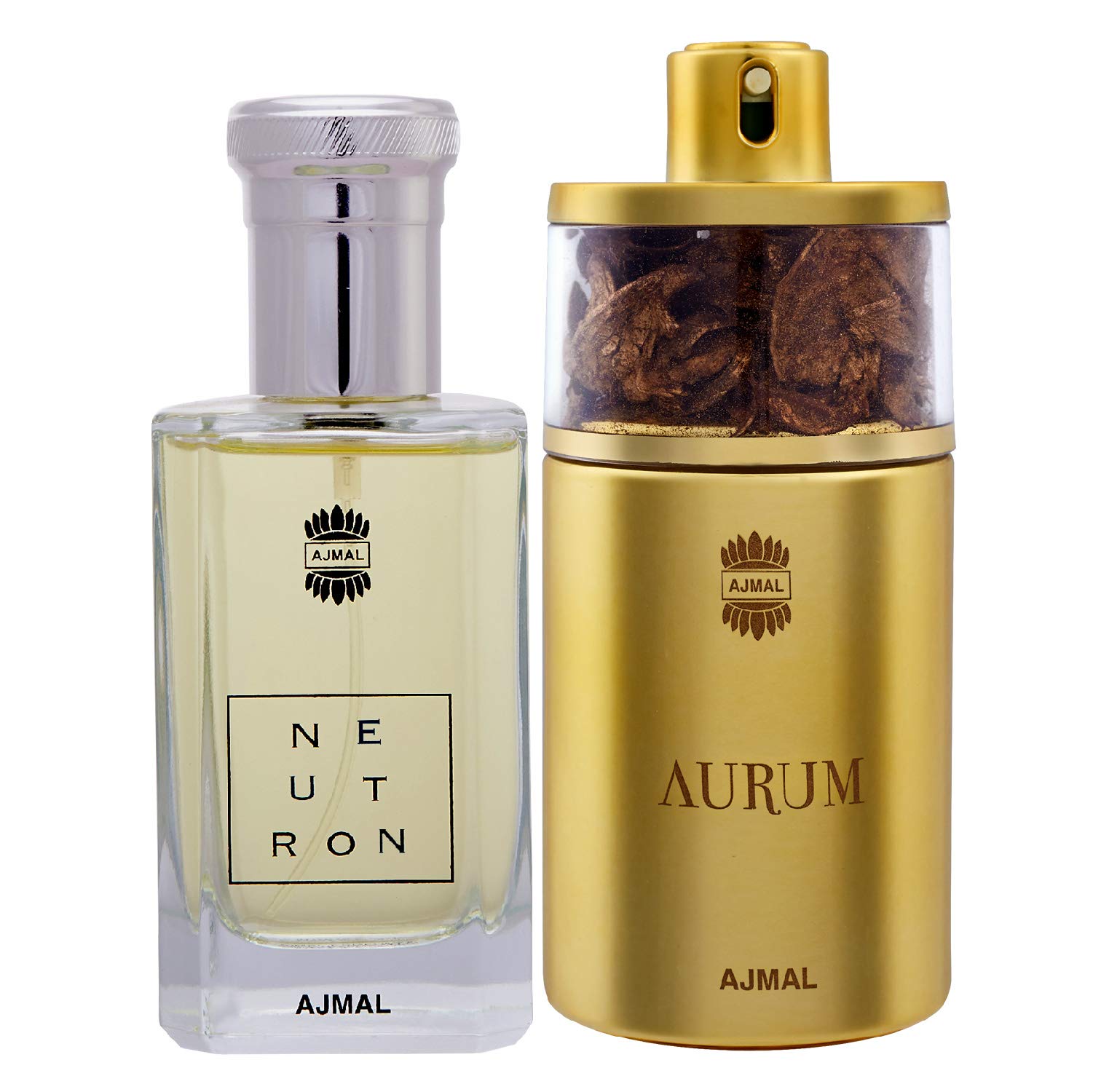 AJMAL Neutron Edp Citrus Fruity Spray Perfume 100Ml For Men And Aurum Edp Fruity Floral Perfume 75Ml For Women, Pack Of 2 (Neutron_Aurum_Edp)