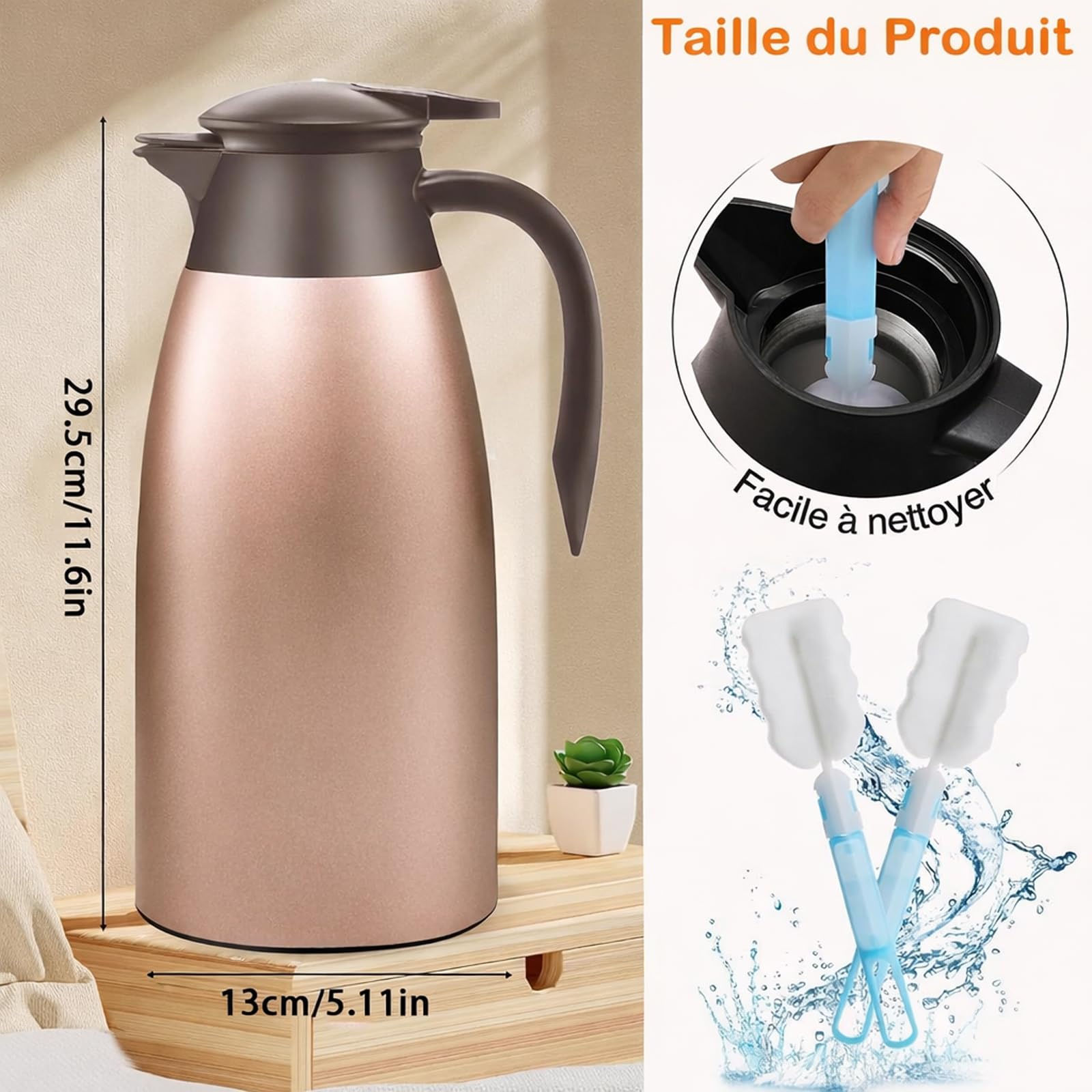 Set di 2 caraffe isotermiche da 2 l, in acciaio inossidabile, con manico a doppia parete, per caffè, tè, acqua, succo e 2 spazzole di pulizia