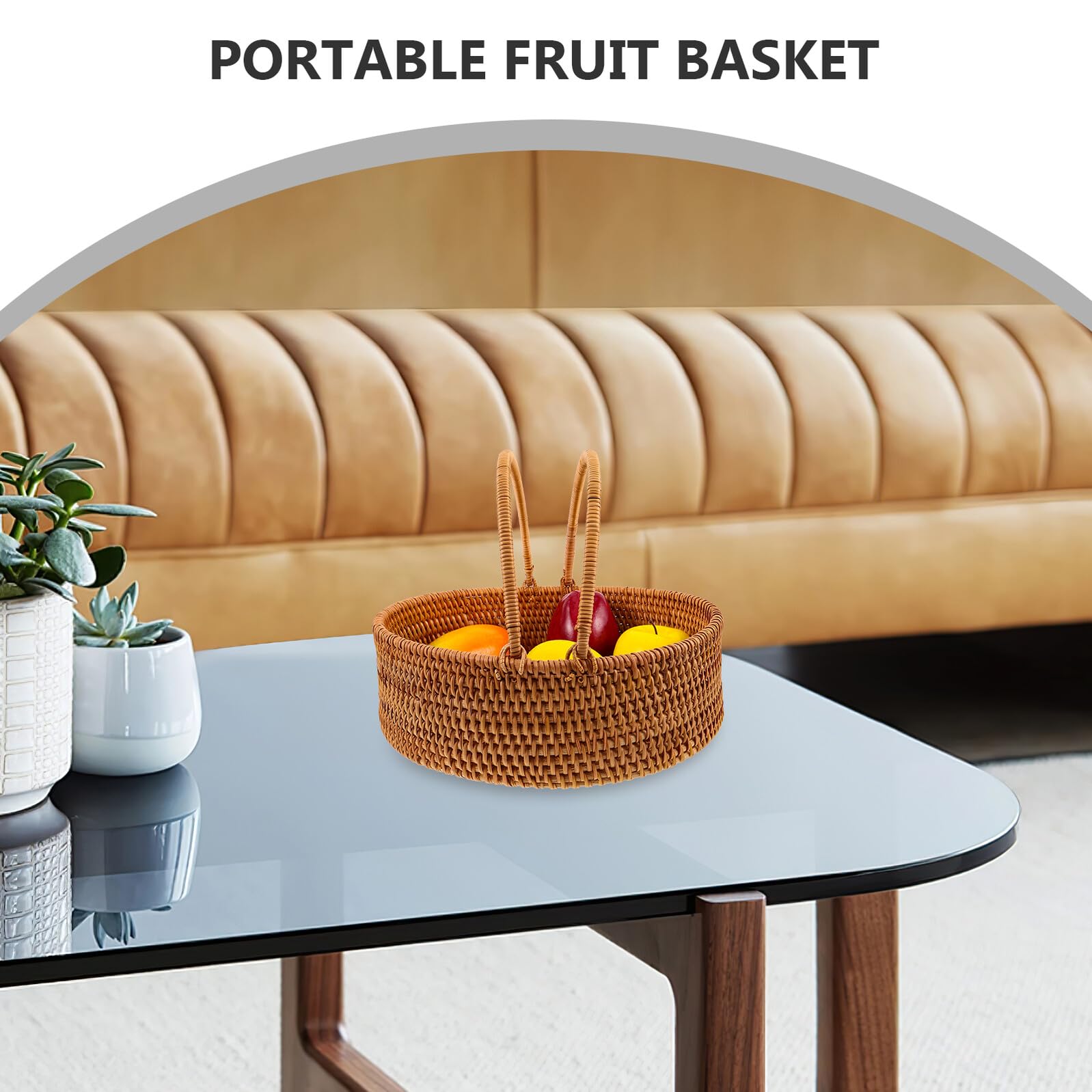 jojofuny Cesta de Ratán Tejida Mano con Asa Cesta de Almacenamiento Natural para Frutas y Picnic Resistente y Fácil de Limpiar para Organización del Hogar y Eventos al Aire