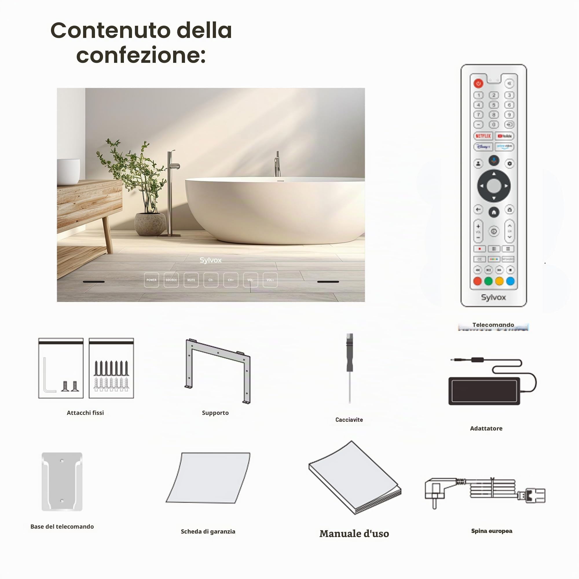 SYLVOX 32 Pollici Specchio TV, Smart Google Television 1080P FHD 500 Nits Mirror Montaggio Integrato Design Televisore IP65 impermeabile, DVB-C/T2/S2 | WiFi, Bluetooth, per Doccia, Bagno