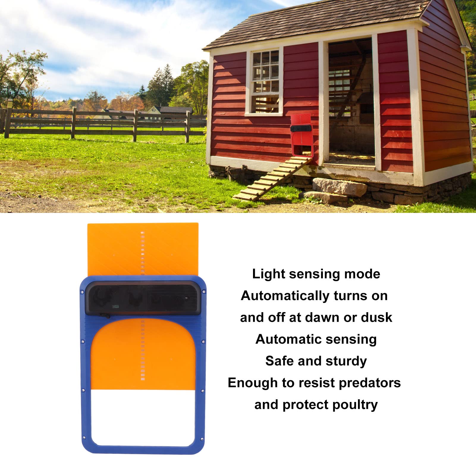 Puerta automática de gallinero con energía solar, abridor automático de puerta de pollo con sensor de luz y panel solar, puerta automática de gallinero con pilas para aves de corral (azul amarillo)