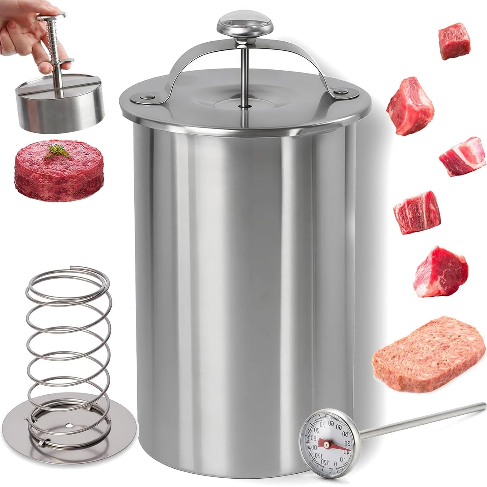 Molde de acero inoxidable para prensa de carne con termómetro y mecanismo de resorte, perfecto para carnes caseras de jamón y almuerzo, ideal para cocinar saludable en casa